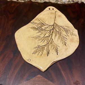Hand made Pressed leaf ceramic tile wall hanging artist signed
